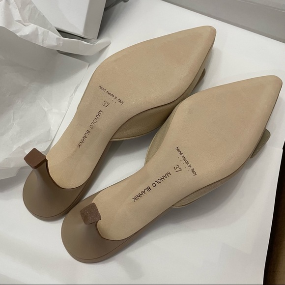 Manolo Blahnik Maysale Linen Mules Tan 70mm 37 - Picture 11 of 14